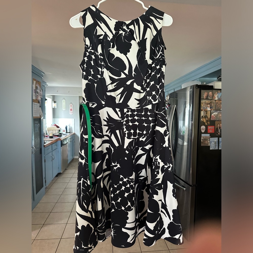 Black & white floral dress with green belt